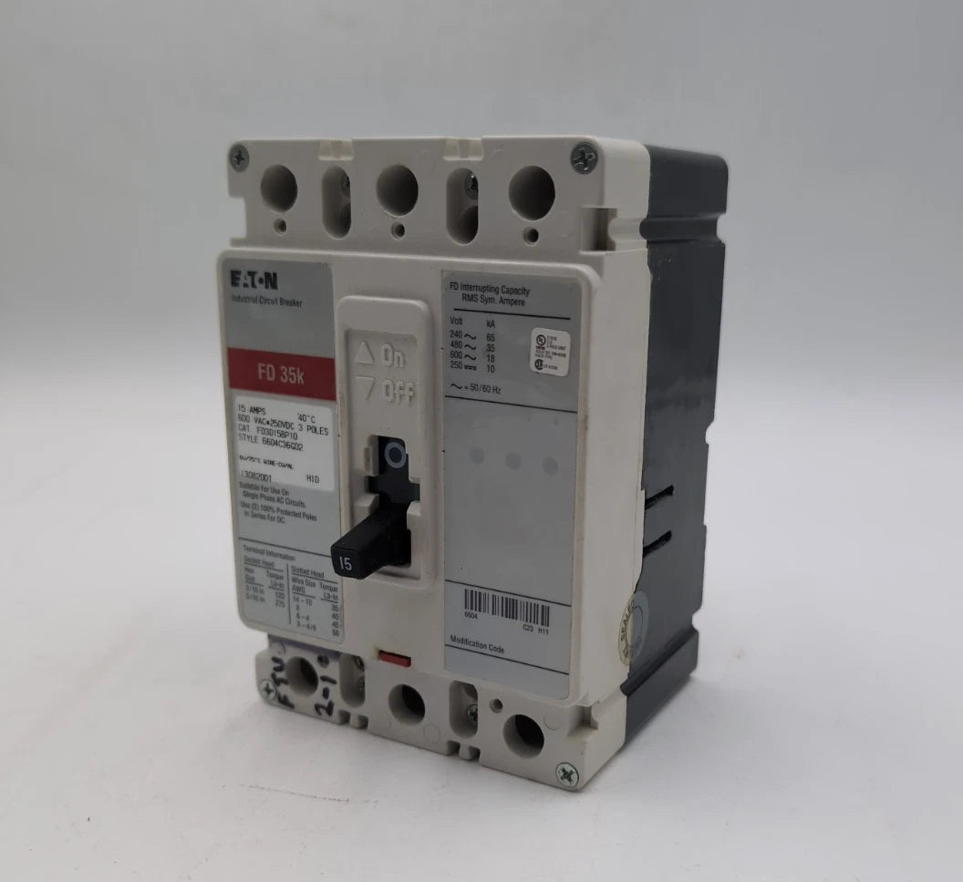 Eaton FD3015BP10 Circuit Breaker 15A 3P 600V FD 35k 15 Amp 3 Pole USED Used