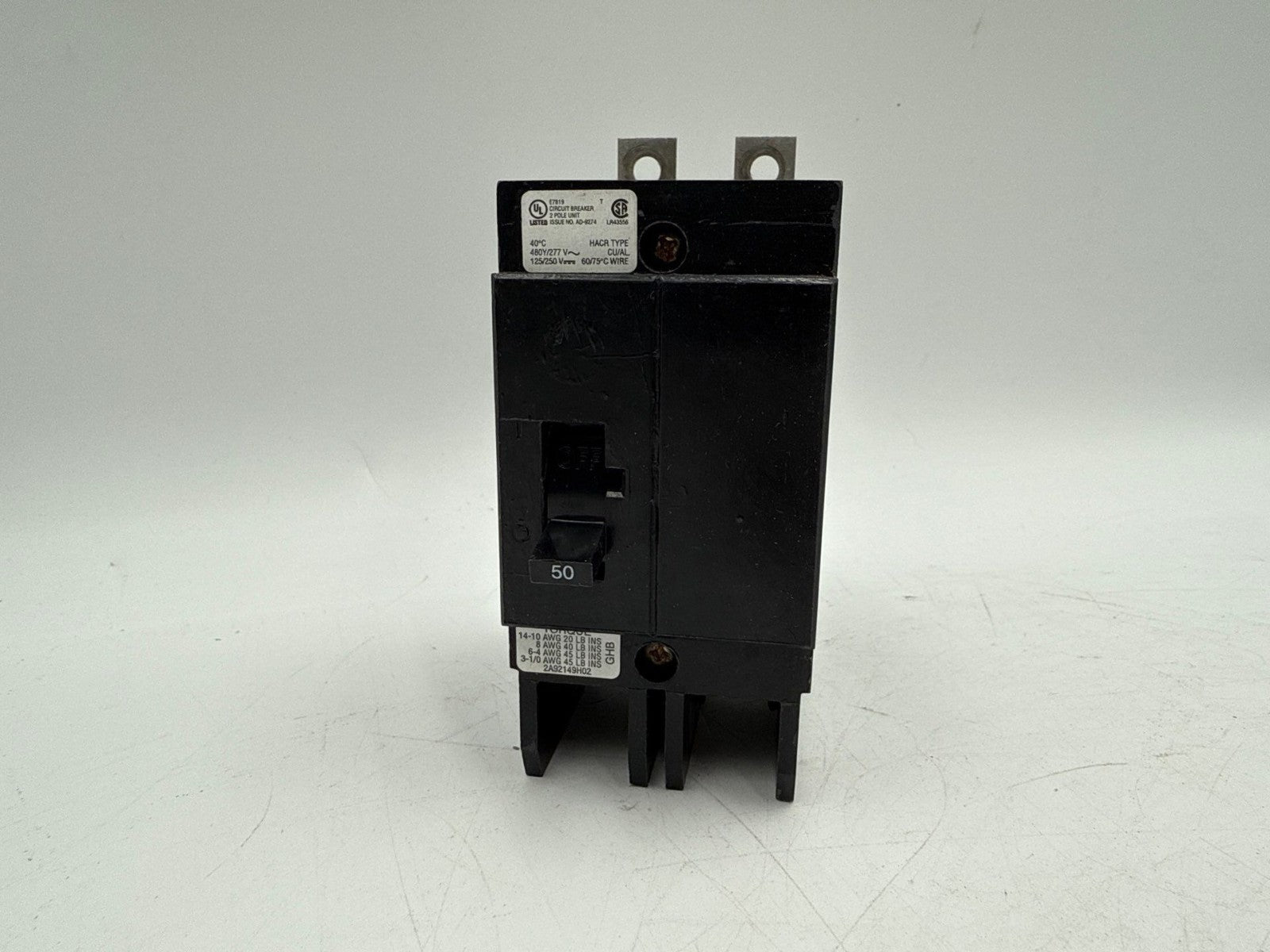 Eaton GHB2050 Bolt On Circuit Breaker 50A 277/480V 2P GHB 50 Amp 2 Pole Cutler Used