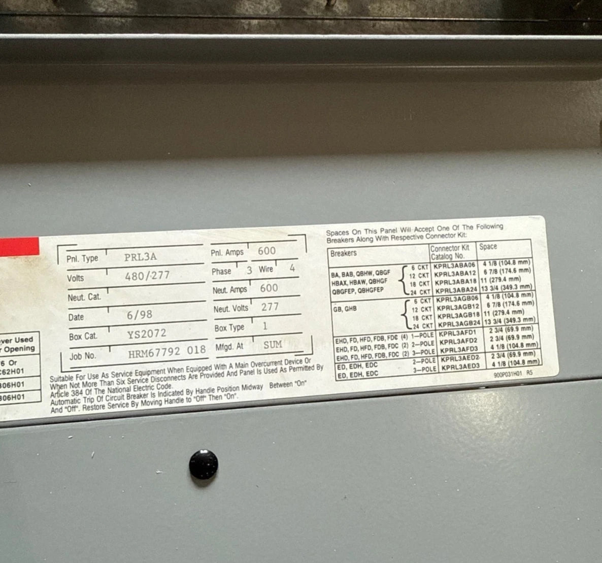 CH PRL3A Panelboard 600A 480/277V 3PH 4W MLO Panel 600 Amp Indoor YS2072 Used
