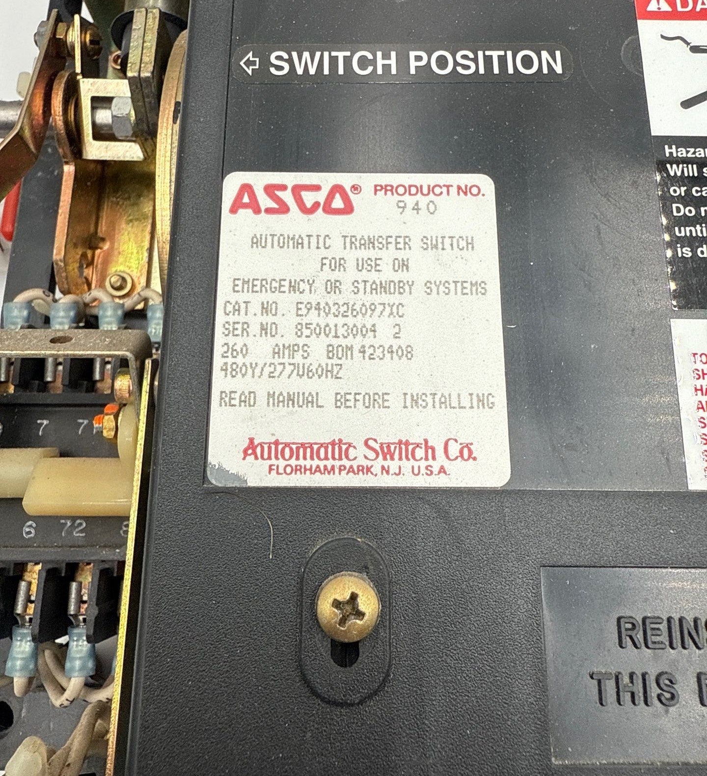 ASCO Series 940 Automatic Transfer Switch 260A 480/277V 60Hz E940326097XC Used