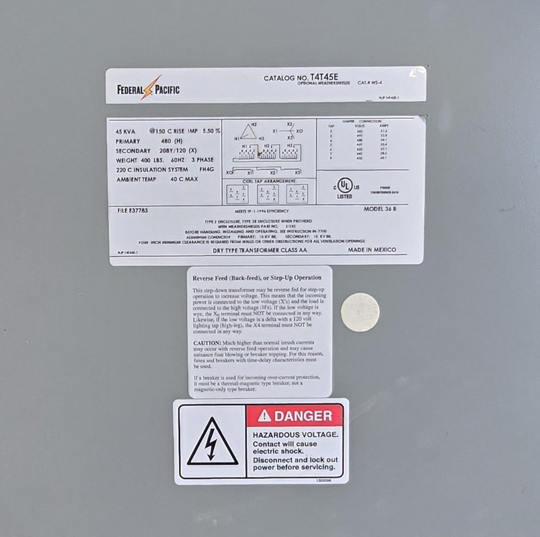 45KVA Federal Pacific T4T45E Transformer Pri 480V Sec 208/120V 3PH Indoor Encl Used