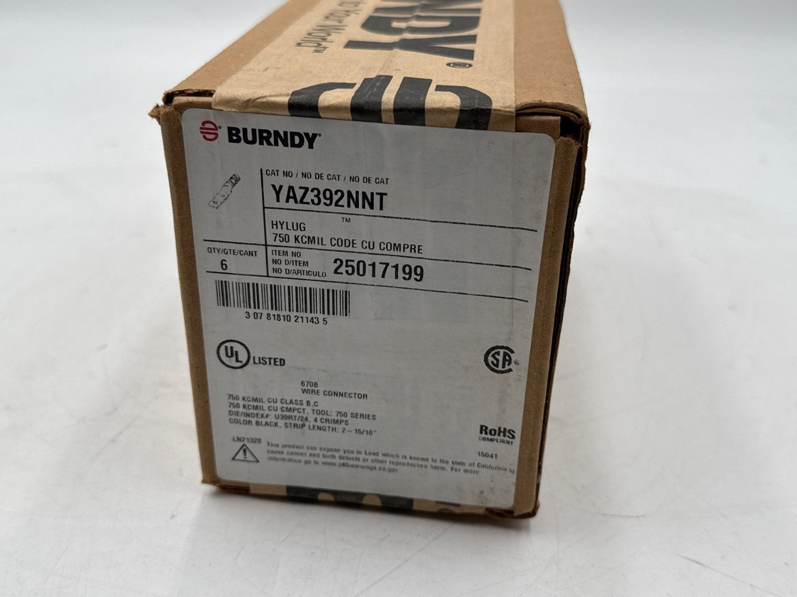 6PC Burndy YAZ392NNT Compression Lug 750MCM 1/2" Stud Long Barrel CU YAZ392N New