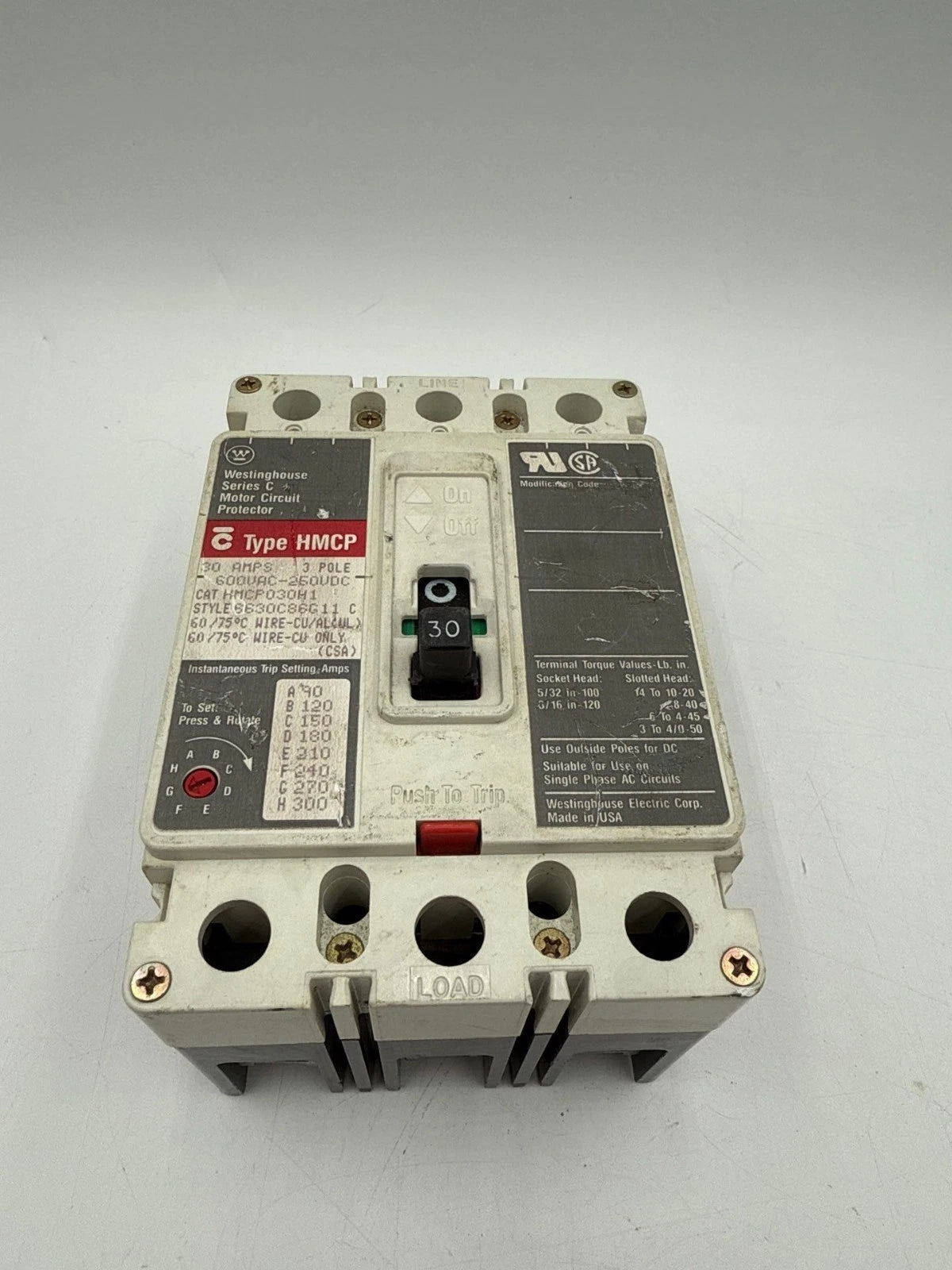 Westinghouse HMCP030H1 Circuit Breaker 30A 3P 600V 3PH HMCP 30 Amp 3 Pole Used