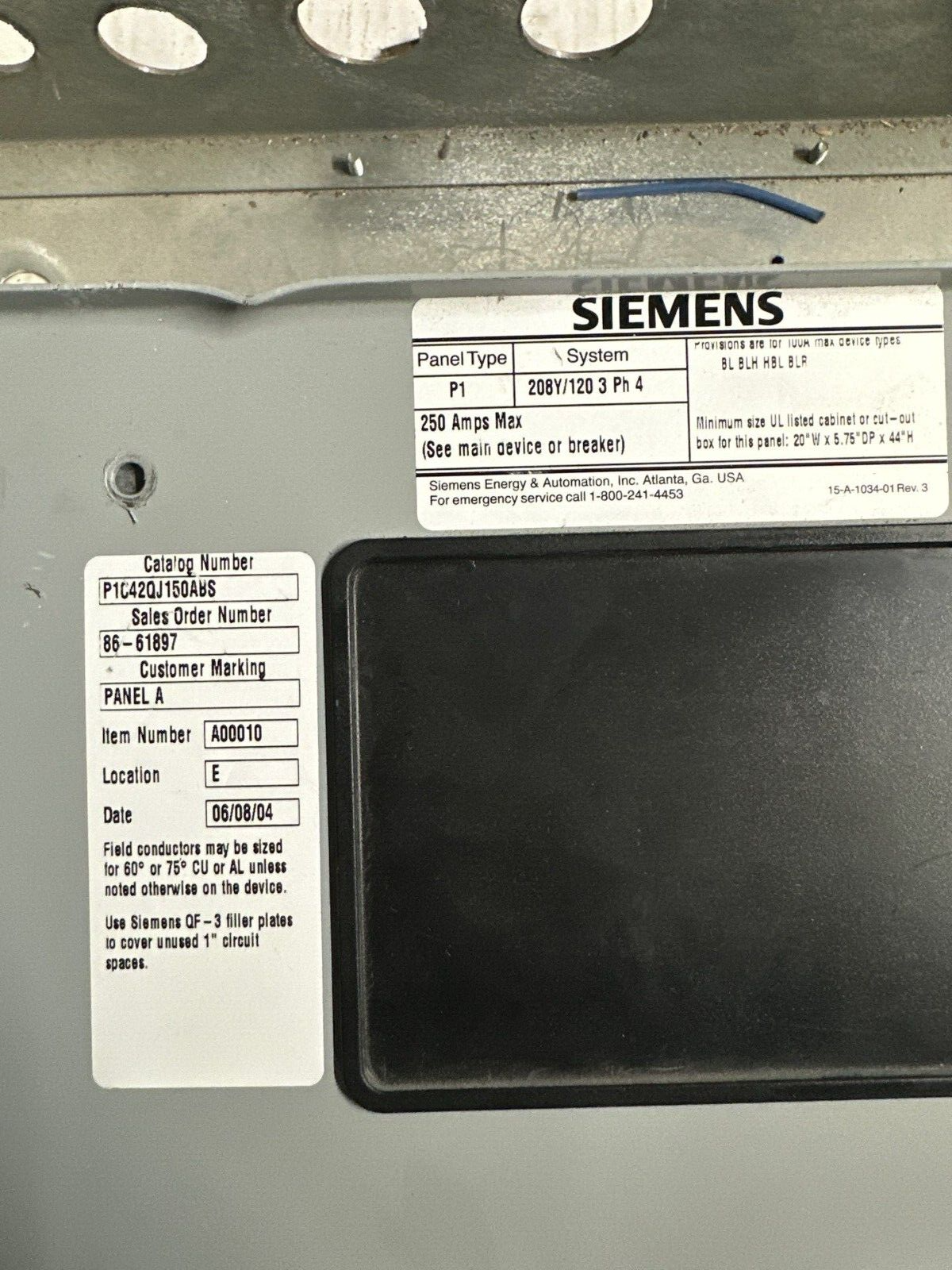 Siemens P1C42QJ150ABS P1 Panelboard 250A 208Y/120V 3PH MCB Indoor Encl QJ23B150 P145 Used