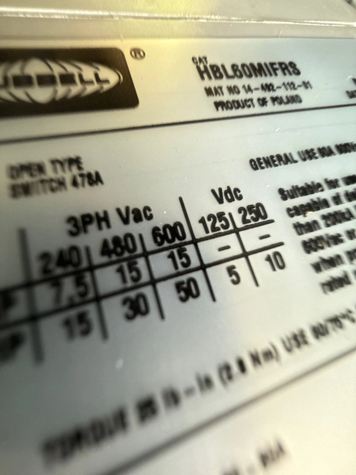 Hubbell HBL460MIF7W Fused Mechanical Interlock 60A 480V 3PH Pin & Sleeve 4 Wire New