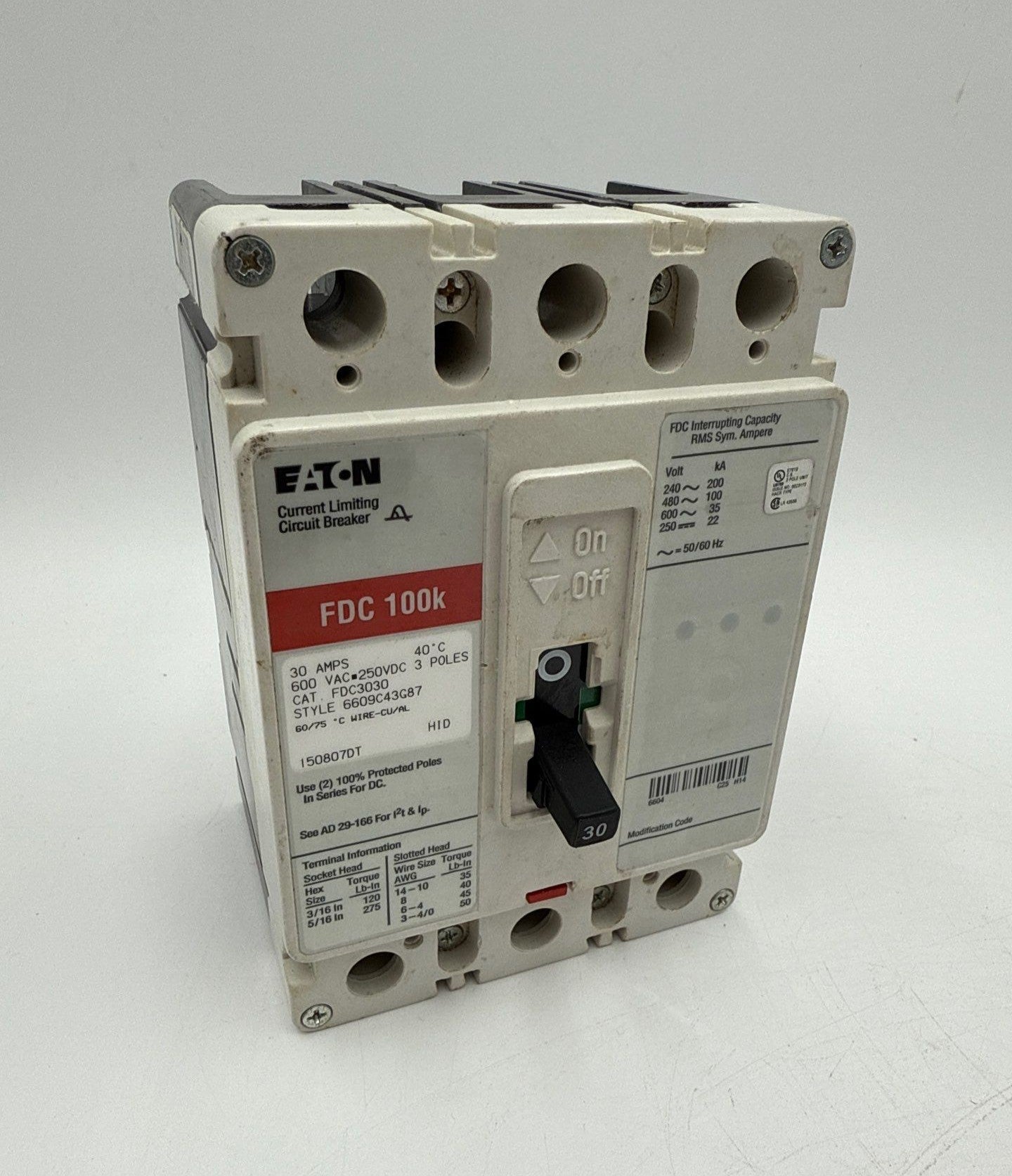 Eaton FDC3030 Circuit Breaker 30A 3P 600V FDC 100k 30 Amp 3 Pole Bolt On Used