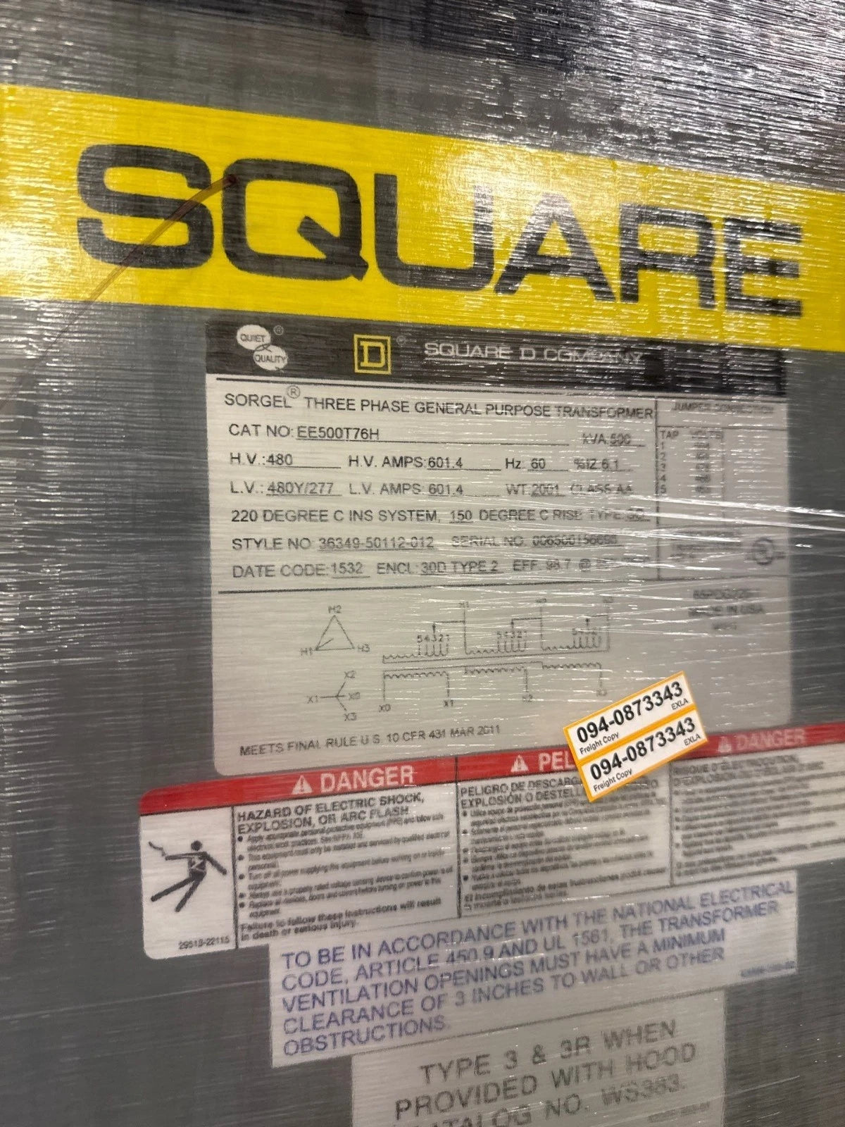 500KVA Square D EE500T76H Transformer Pri 480V Sec 480/277V 3PH Indoor Encl New