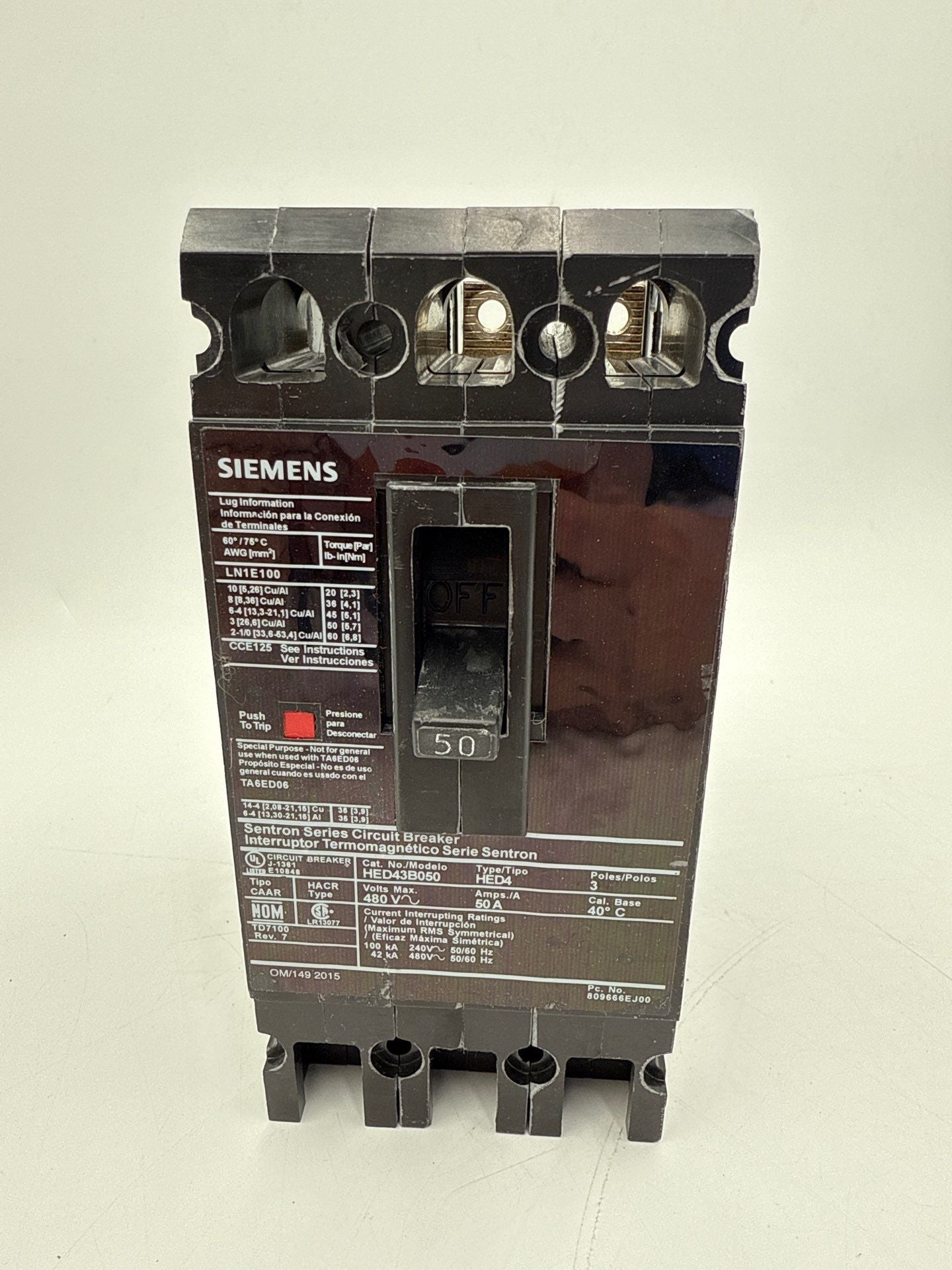 Siemens HED43B050 Circuit Breaker 50A 3P 480V 3PH 50 Amp HED4 50 Amp 3 Pole Used
