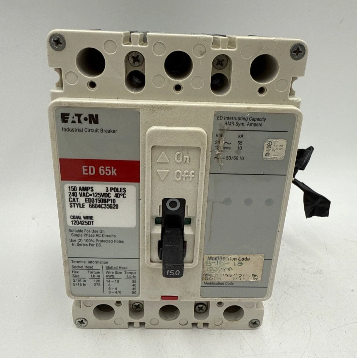 Eaton ED3150BP10 Circuit Breaker 150A 3P 240V 3PH ED 150 Amp 3 Pole Shunt Trip Used