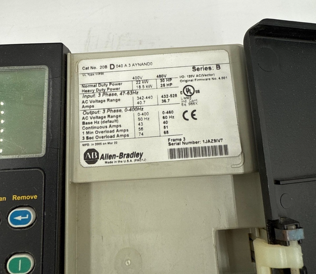 Allen Bradley 20BD040A3AYNAND0 PowerFlex 700 AC Drive 30HP 22kW 480V 3PH 47-63Hz Used