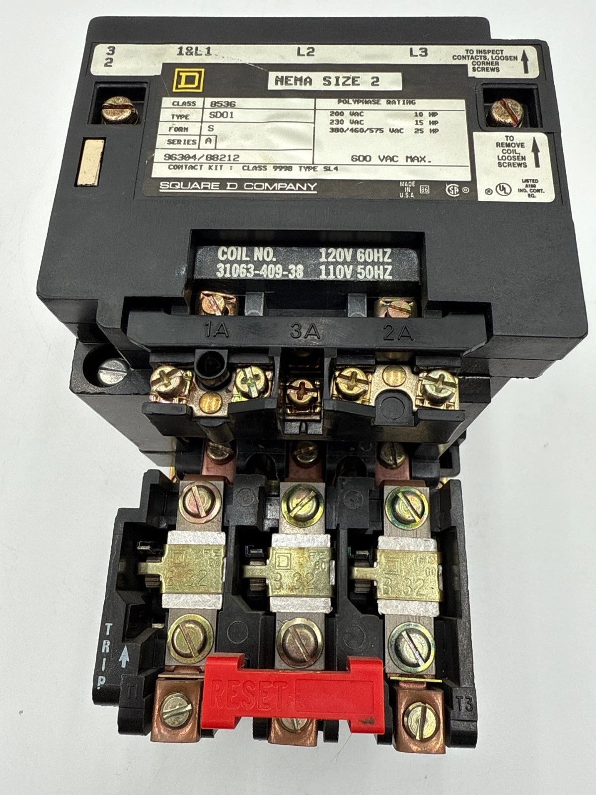 Square D 8536SD01 NEMA Size 2 Starter Coil 110/120V 3P 600V 25HP 31063-409-38 Used