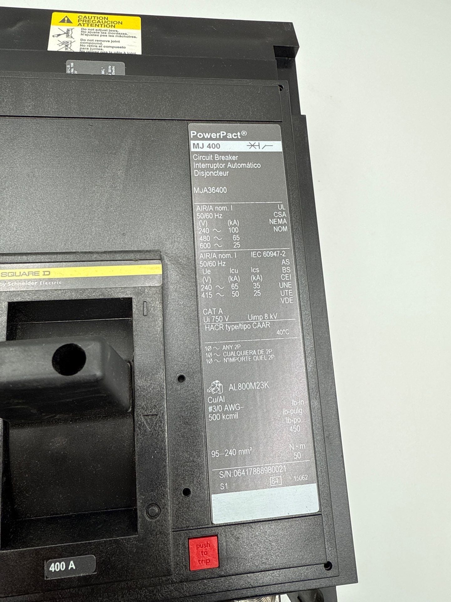 Square D MJA36400 I-Line Circuit Breaker 400A 3P 600V 3PH MJA 400 Amp 3 Pole CHIP Used