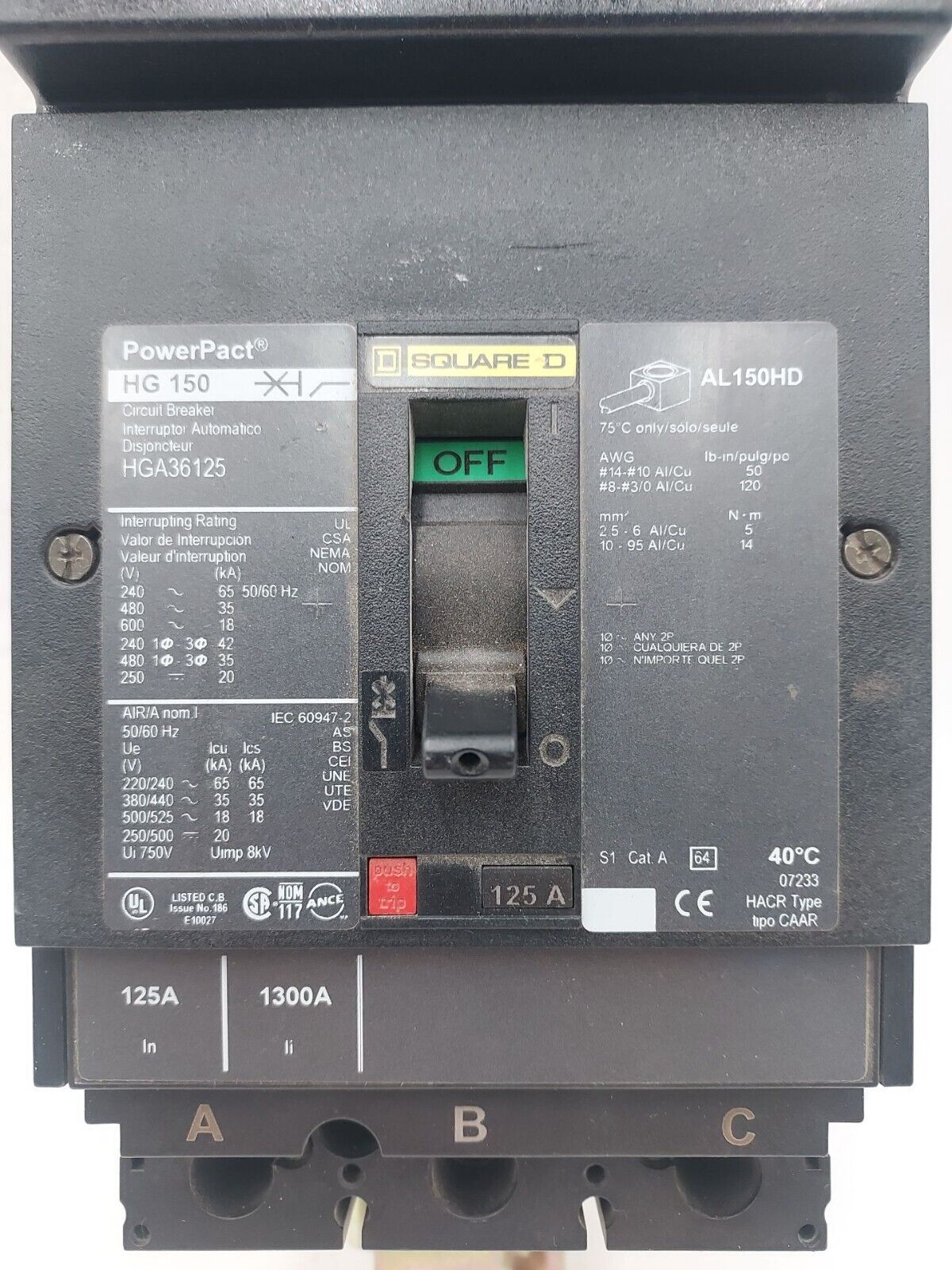 Square D HGA36125 Used