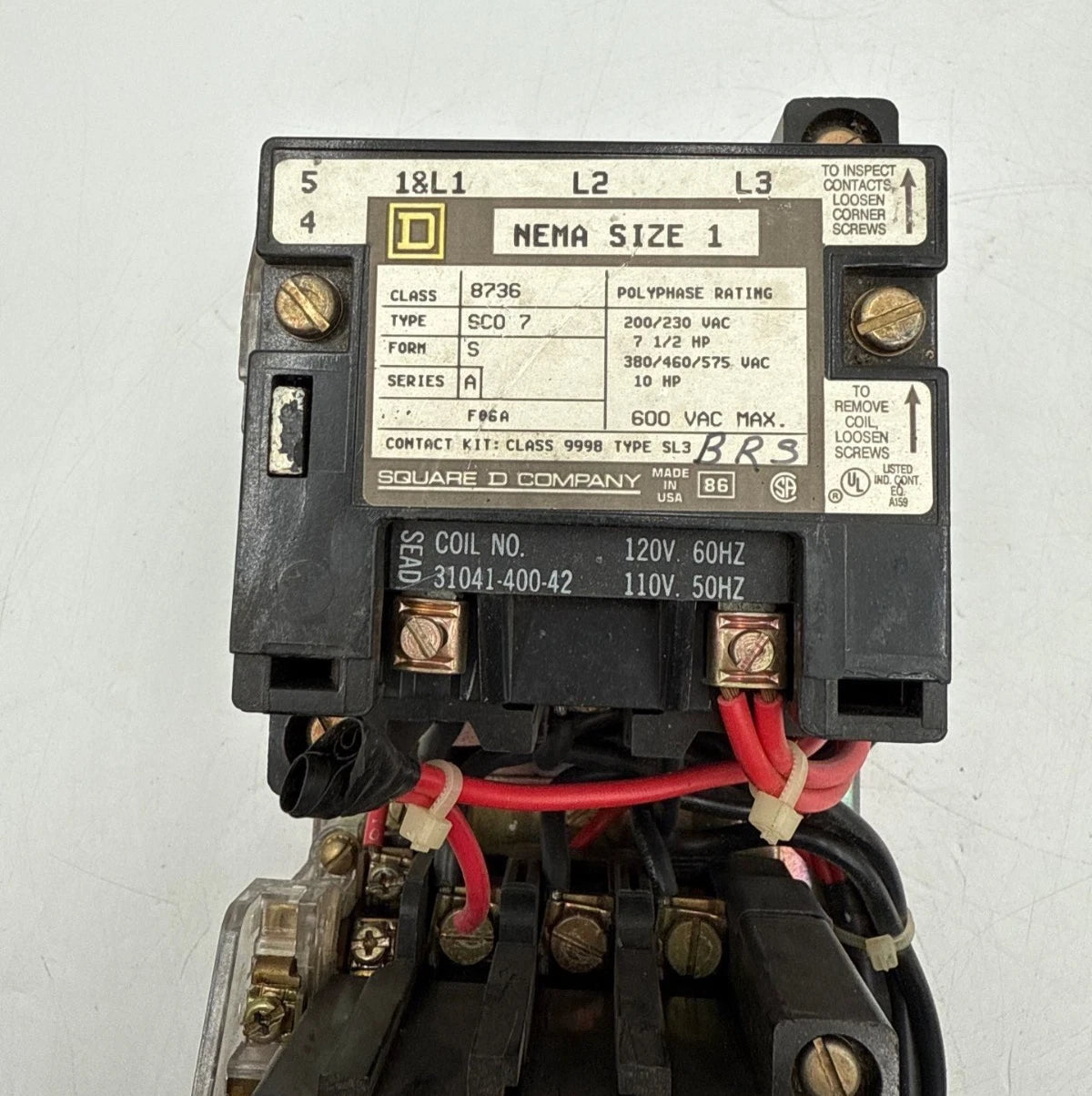 Square D 8736 SC07 Reversing Starter NEMA Size 1 27A 3P 600V 10HP Coil 110/120V Used