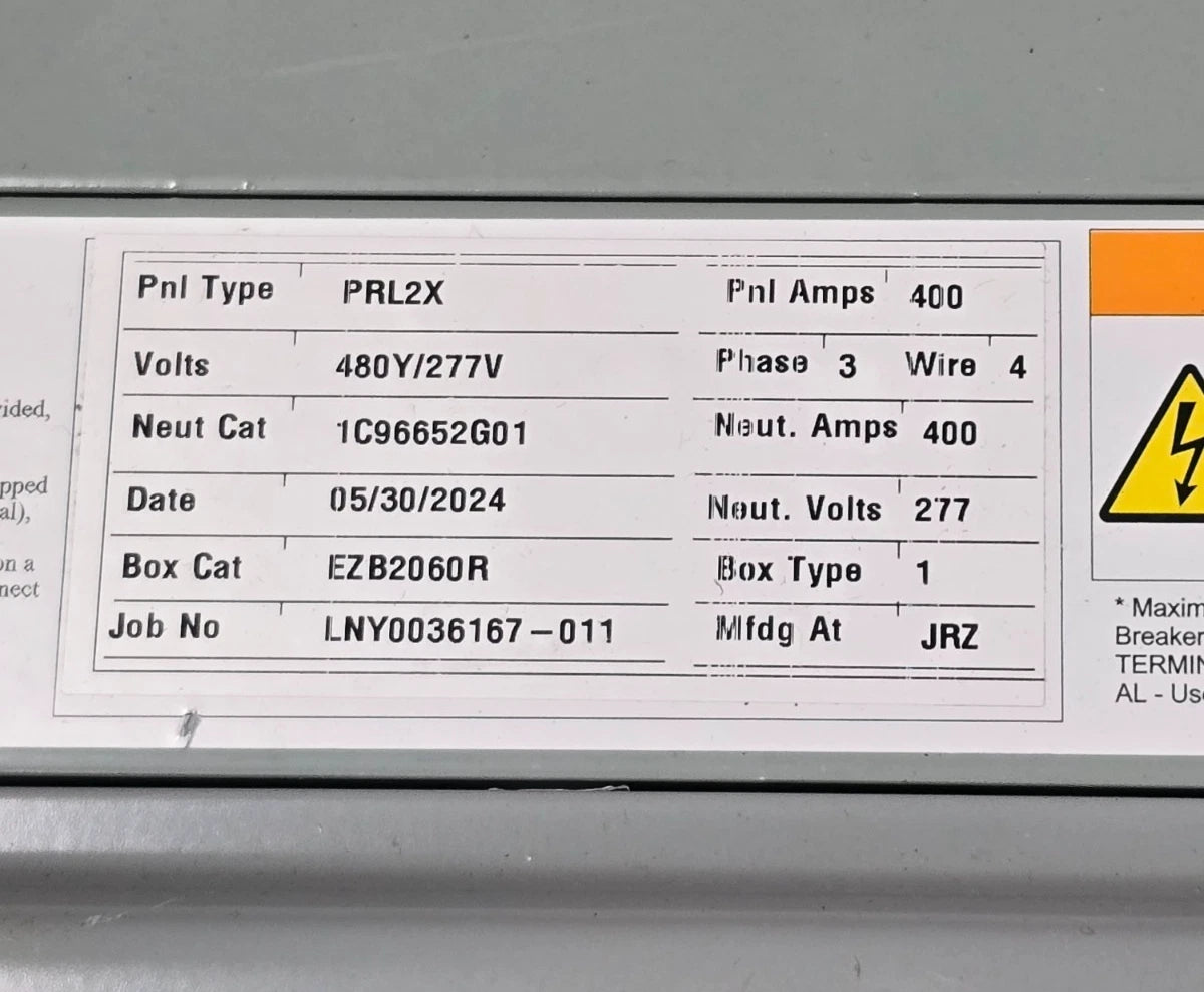 Eaton PRL2X Panelboard 400A 480/277V 3PH 4W MLO Panel 400 Amp 42 Cir 3R Encl New New