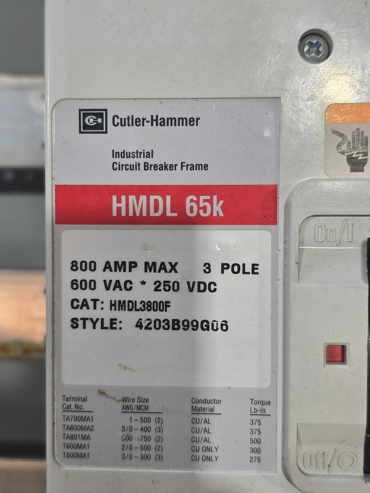 Eaton PRL4 Panelboard 800A 480V 3PH 3W MCB Panel 800 Amp HMDL3800 Indoor BX3673 Used