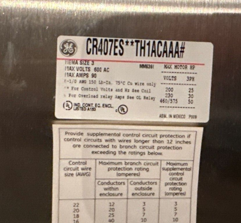 GE CR407ES Combo Starter NEMA Size 3 50HP 90A 600V SELA36AT0060 50A Breaker NEW New
