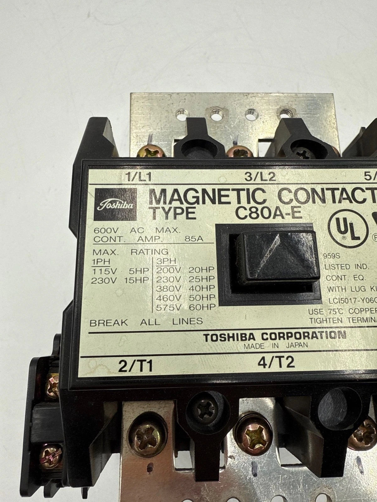 Toshiba C80A-E Magnetic Contactor 85A 3P 600V 60HP 3 Pole 3 Phase Coil 100-240V Used