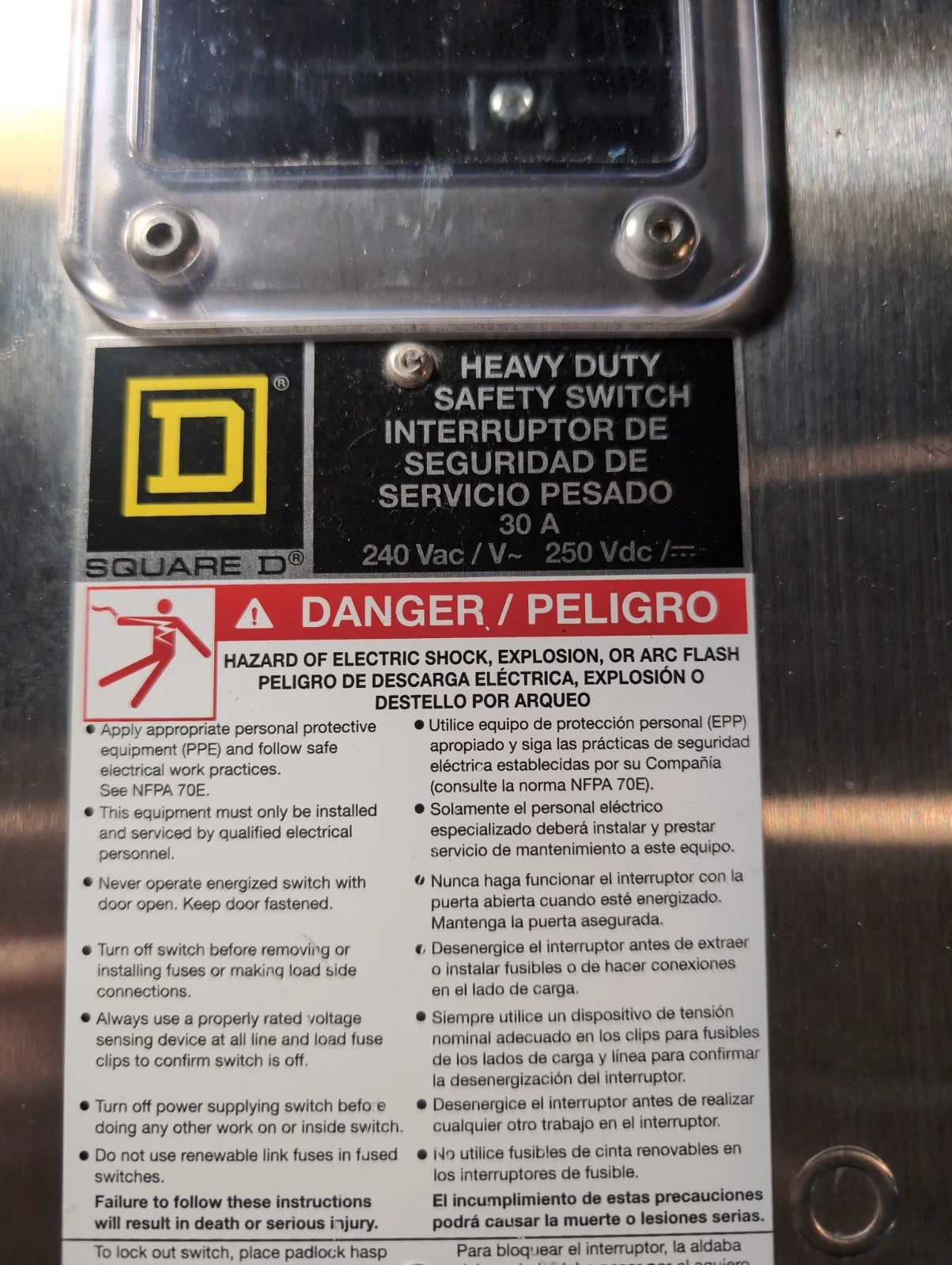 SQ D H221NDS Safety Disconnect Switch 30A 2P 240V 4X Encl Stainless New No Box New