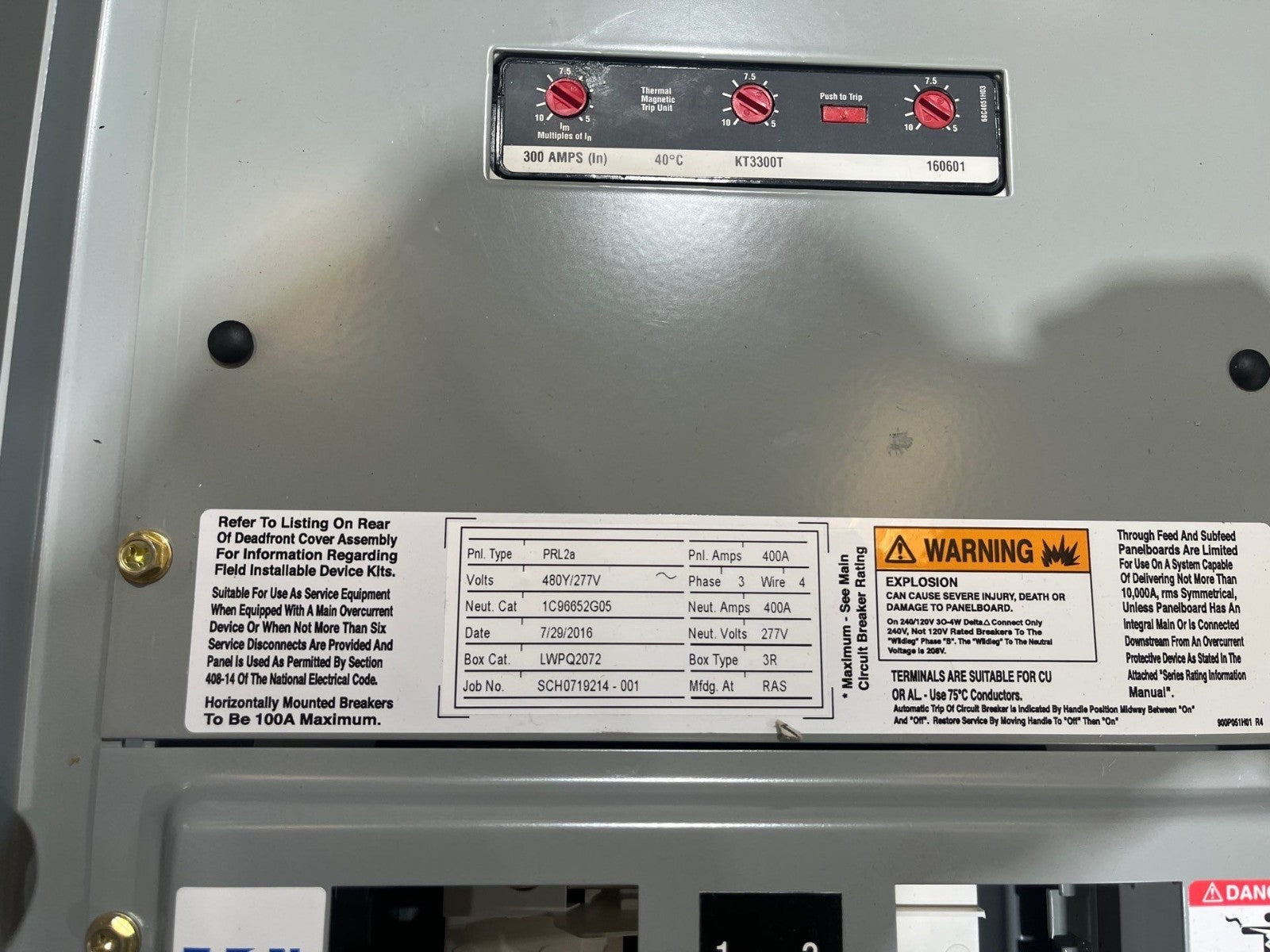 Eaton PRL2A Panelboard 400A 480/277V 3PH 18Cir MCB Panel 250A Subfeed 3R Encl