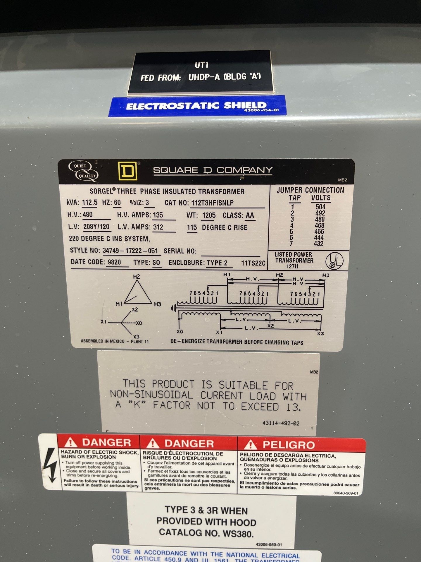 112.5kVA Square D 112T3HFISNLP Sorgel Transformer 3PH Pri 480V Sec 208/120V ST105 Used
