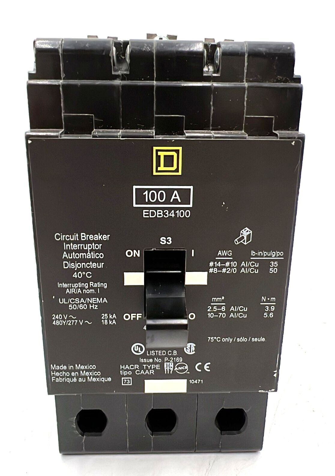 Square D EDB34100 Used