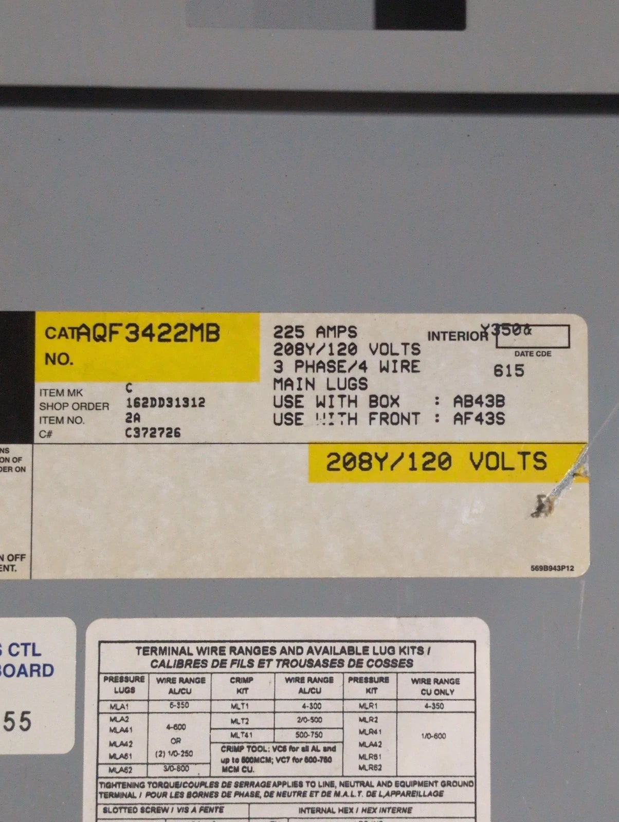 GE AQF3422MB Panelboard 225A 208/120V 3PH 4W MLO Panel 225 Amp 42 Circuit Used