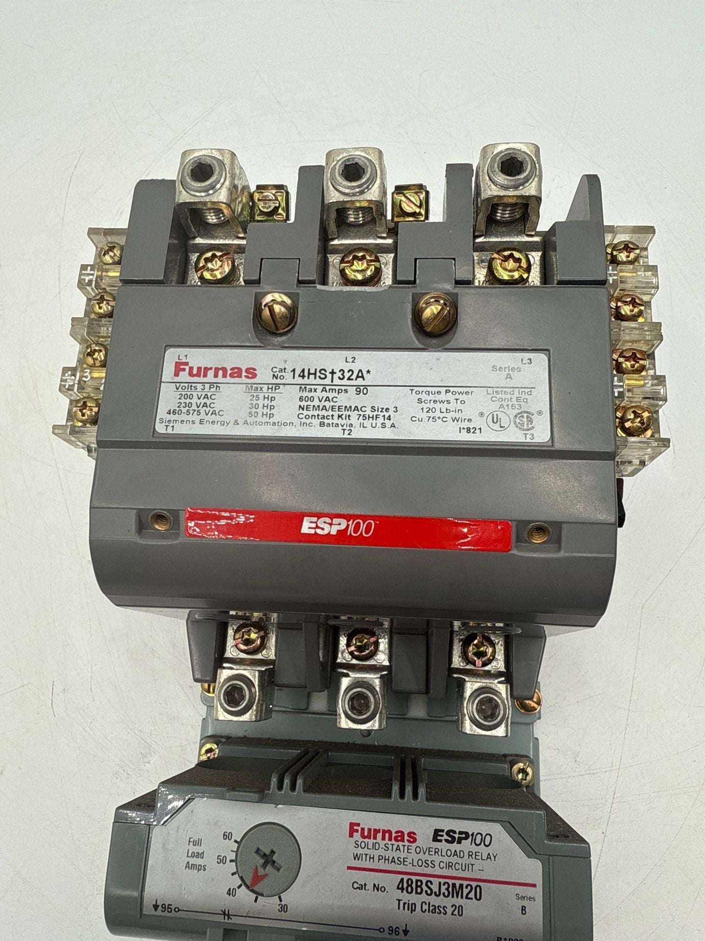 Furnas 14HS+32A Starter 90A 600V Size 3 Coil 110/120V ESP100 Overload 48BSJ3M20 Used