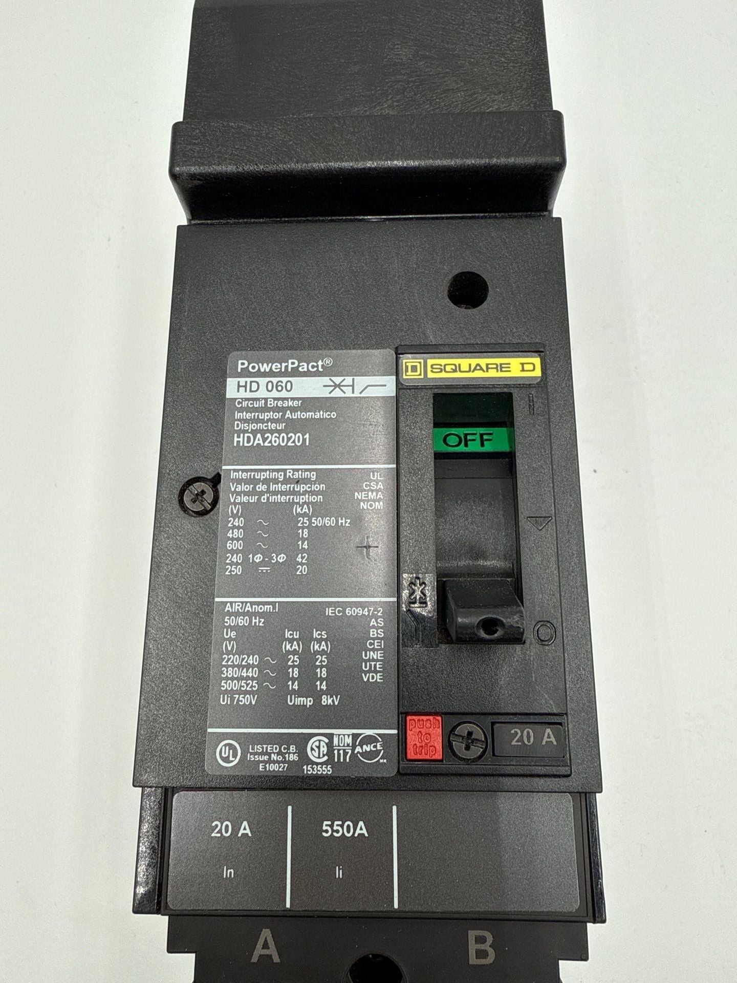 Square D HDA260201 I-Line Circuit Breaker 20A 2P 600V HDA AB Phase 20 Amp Used