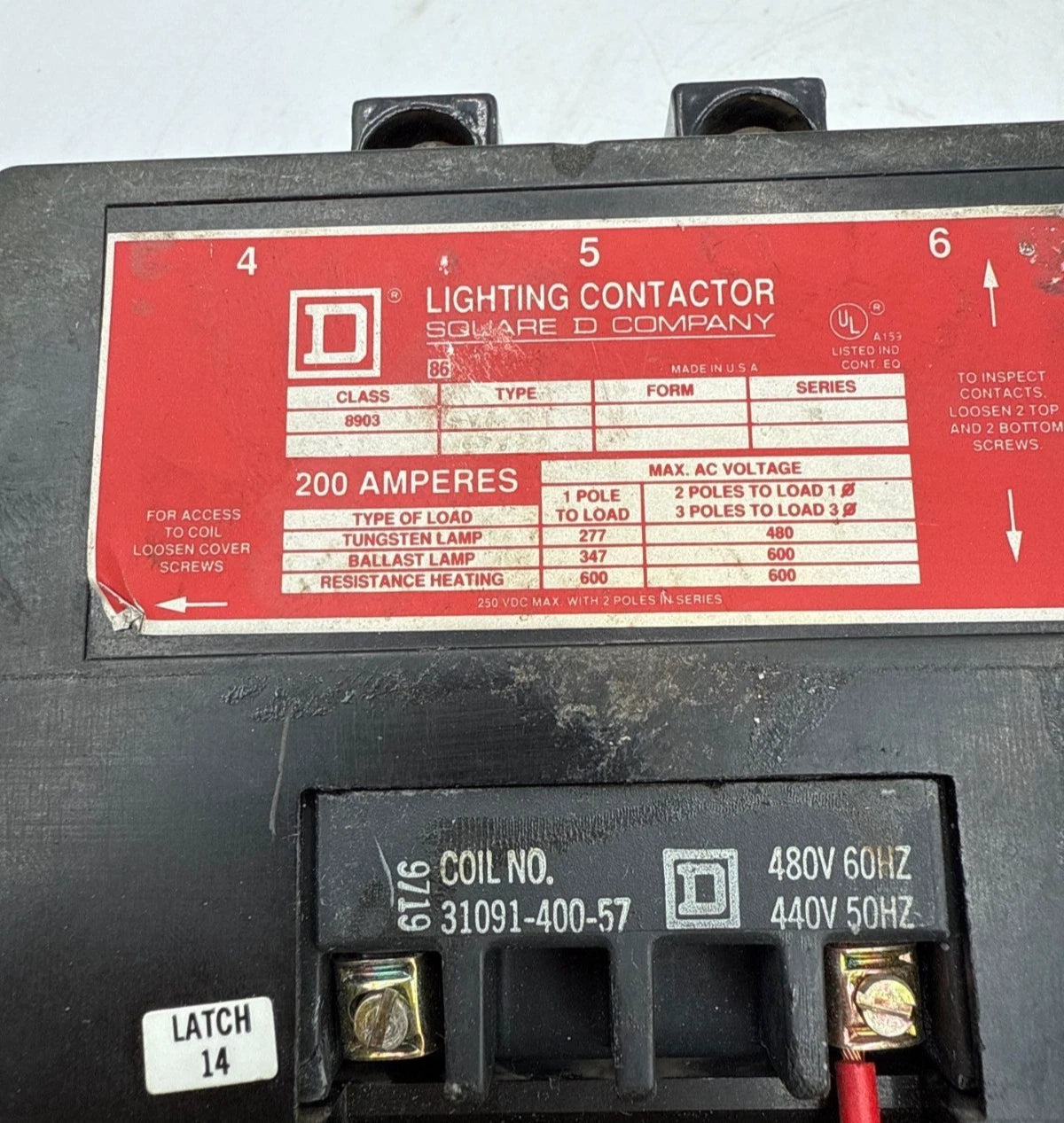 Square D 8903 SV011 Lighting Contactor Coil 440/480V 200A 3P 600V Mech Held Used