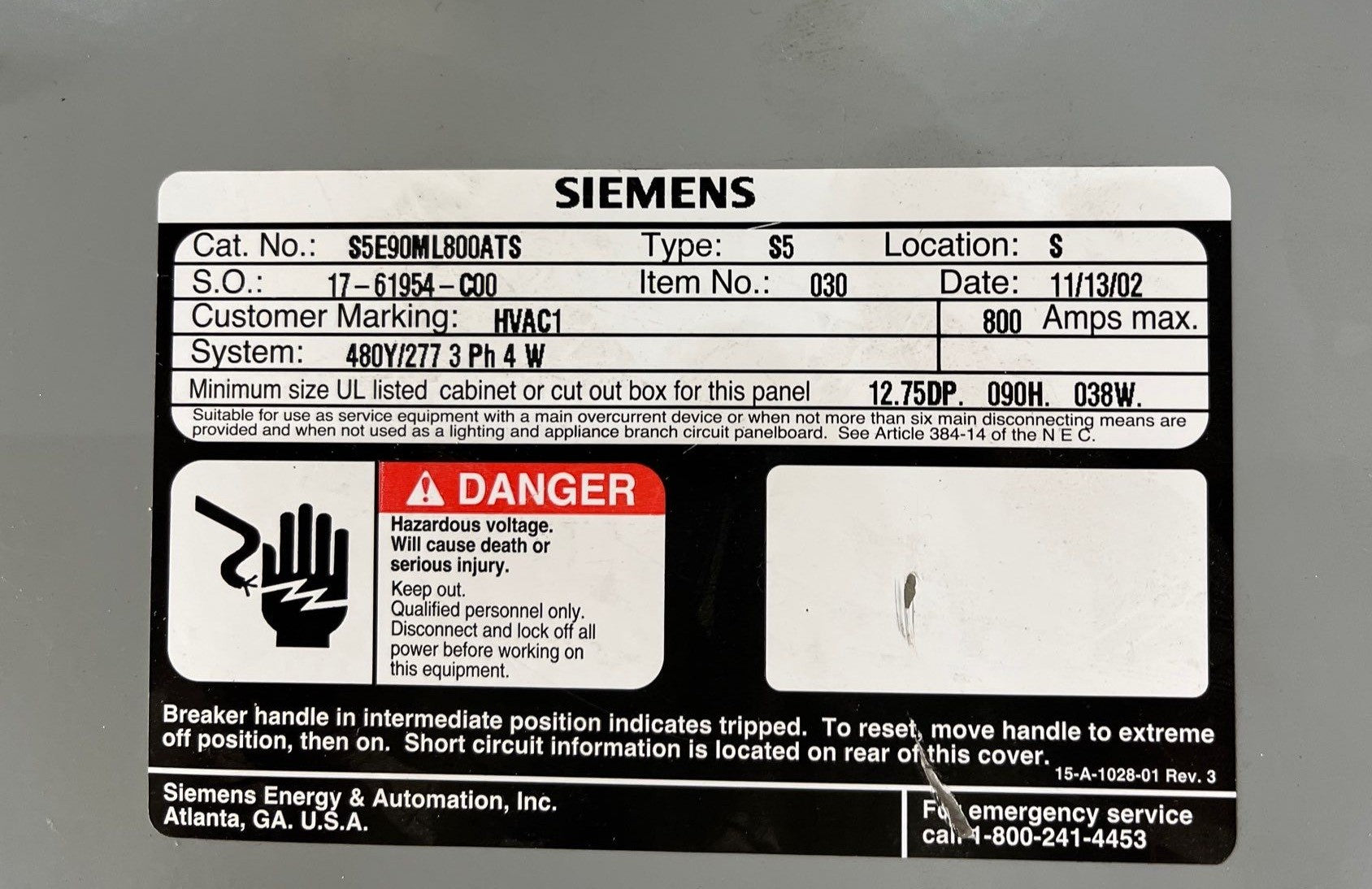 Siemens S5E90ML800ATS S5 Panelboard 800A 480/277V 3PH 4W MLO Indoor Encl B890 Box Used