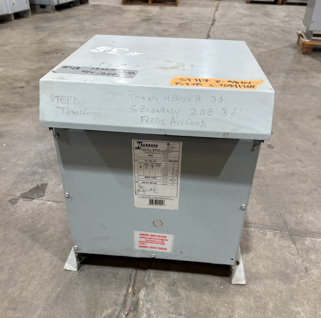 15 KVA Hammond MK015KB Transformer Pri 480V Sec 208/120V 3PH 3R Encl Used