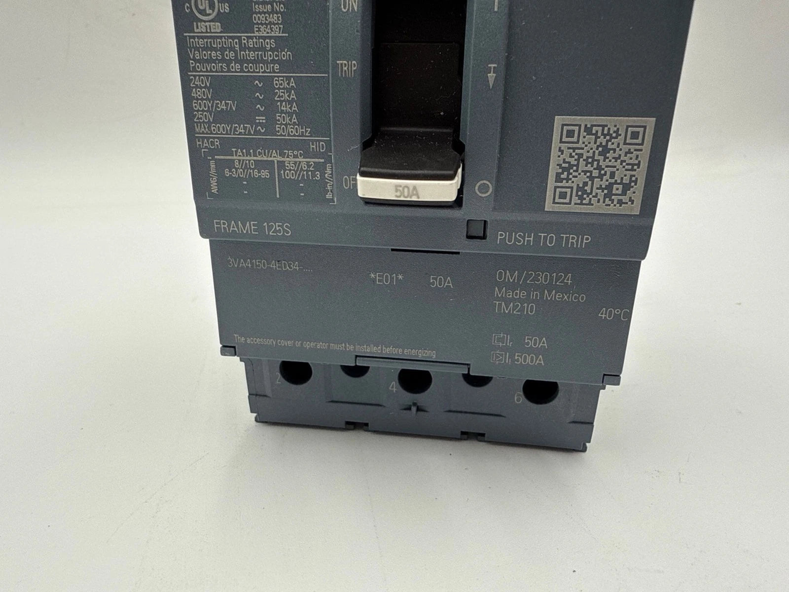 Siemens 3VA4150-4ED34-0AA0 Circuit Breaker 50A 3P 600V Bolt On 50 Amp 3Pole 125S New