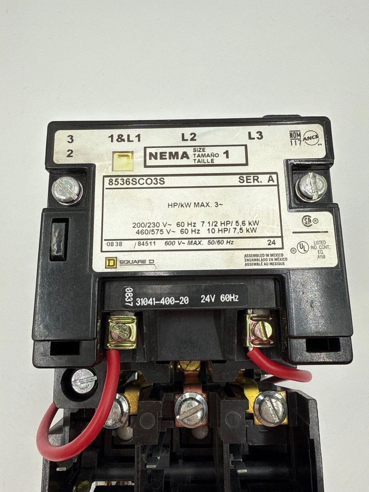 Square D 8536SCO3S Starter Size 1 30A 3P 600V 10HP Coil 24VDC 8536SCO3SV01 Used