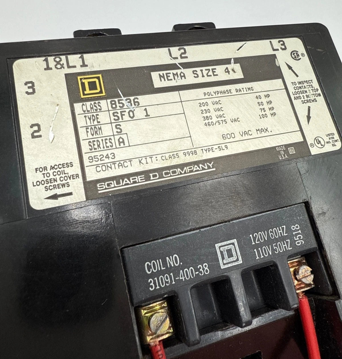 Square D 8536SF01S Starter NEMA Size 4 135A 3P 600V 100HP Coil 110/120V CC81.5 Used