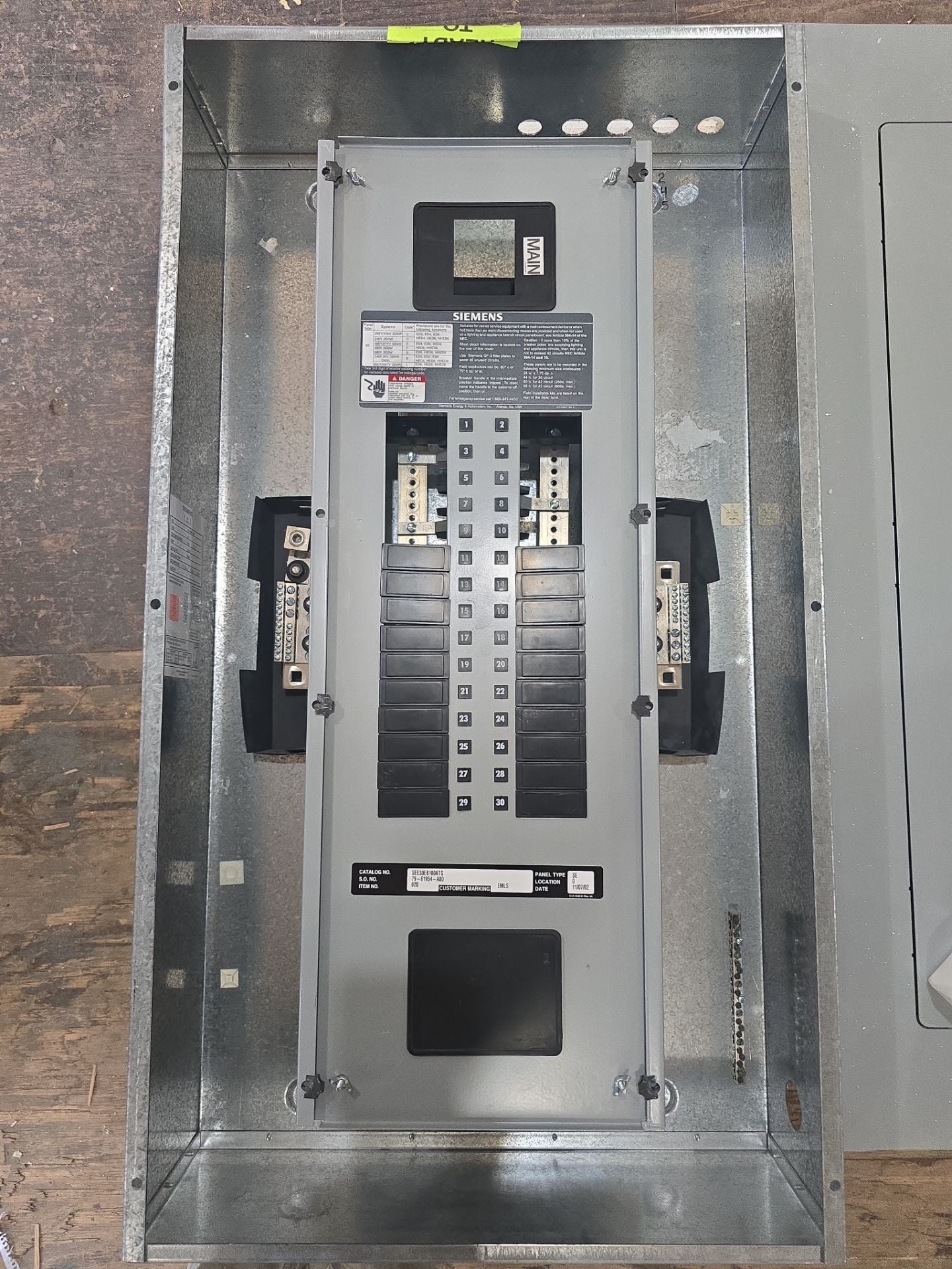 Siemens SE SEE30E6100ATS Panelboard 100A 480/277V 3PH 4W MCB 100 Amp Panel 30Cir Used