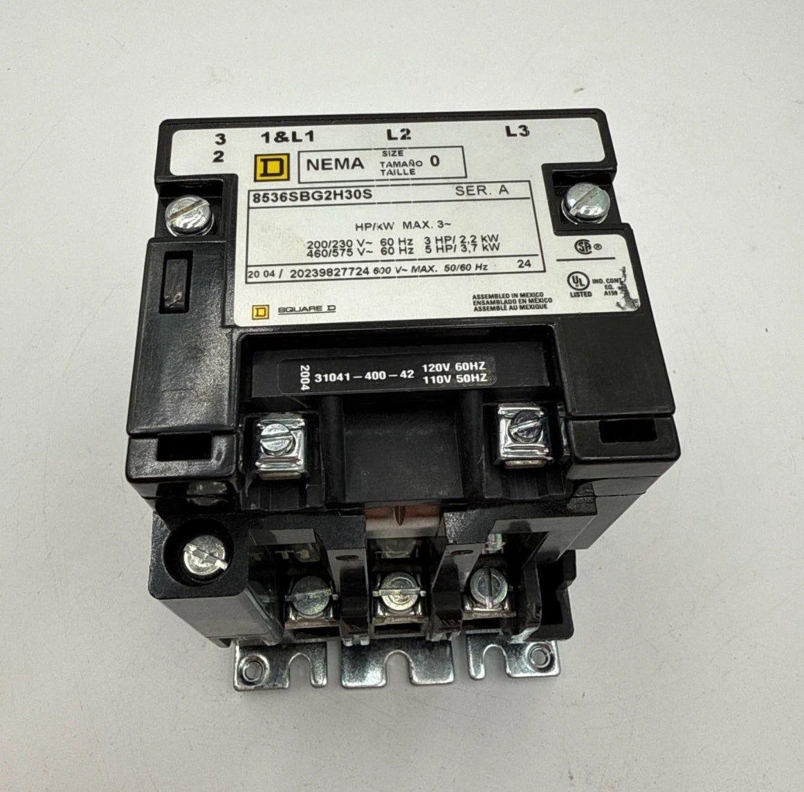 Square D 8536SBG2H30S Contactor Coil 110/120V NEMA Size 0 3P 600V 5HP 3PH Used