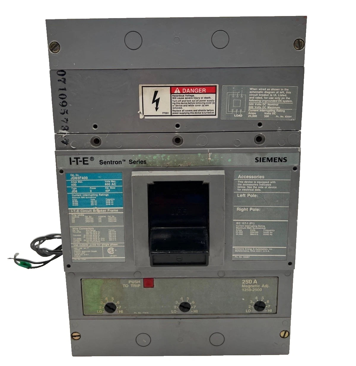 Siemens JD63B250 Circuit Breaker 3 Pole 250 Amp 600V JD 3P 250A Bolt On Used