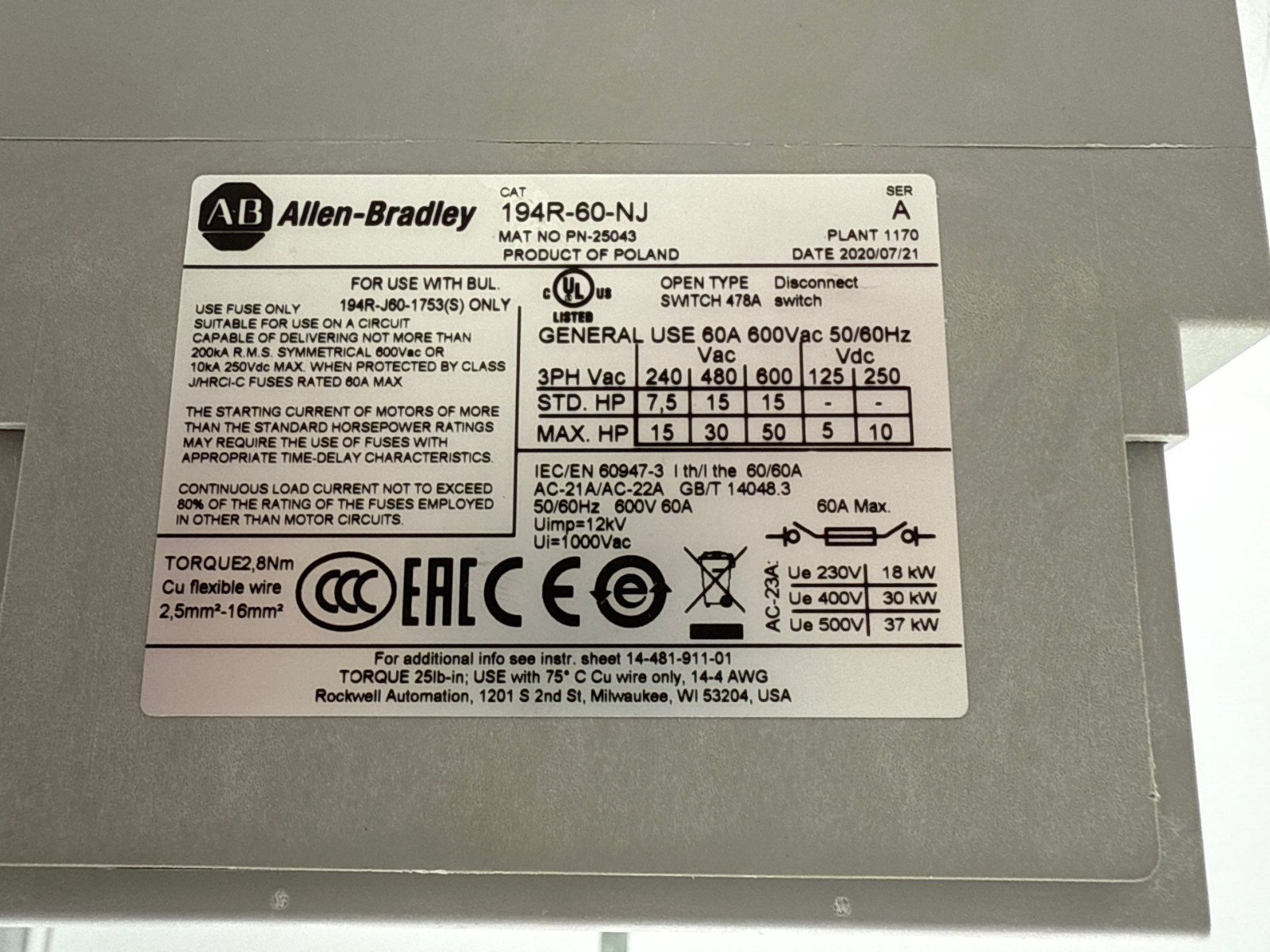 Allen Bradley 194R-J60-1753 Fusible Disconnect Switch 60A 3P 600V Handle 194R-PY Used