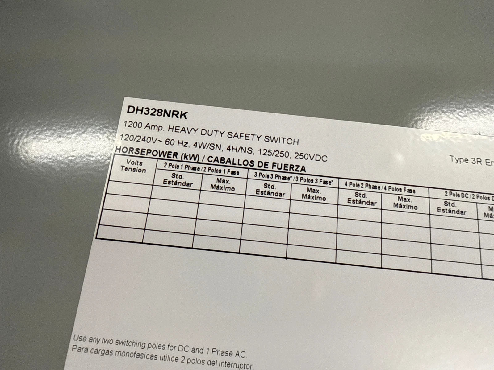 Eaton DH328NRK Safety Disconnect Switch 1200A 3P 240V 3PH 3R Outdoor 1200 Amp Used