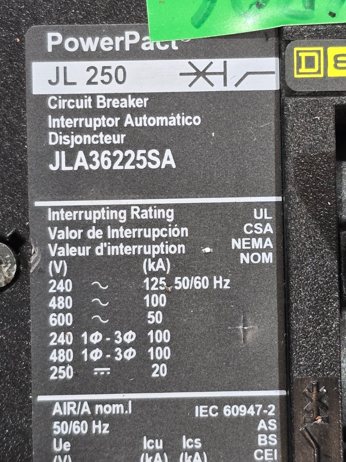 Square D I-Line Panel 225A 480V 3PH 3W MCB 225 Amp Main JLA36225SA 42Cir 3R Encl Used