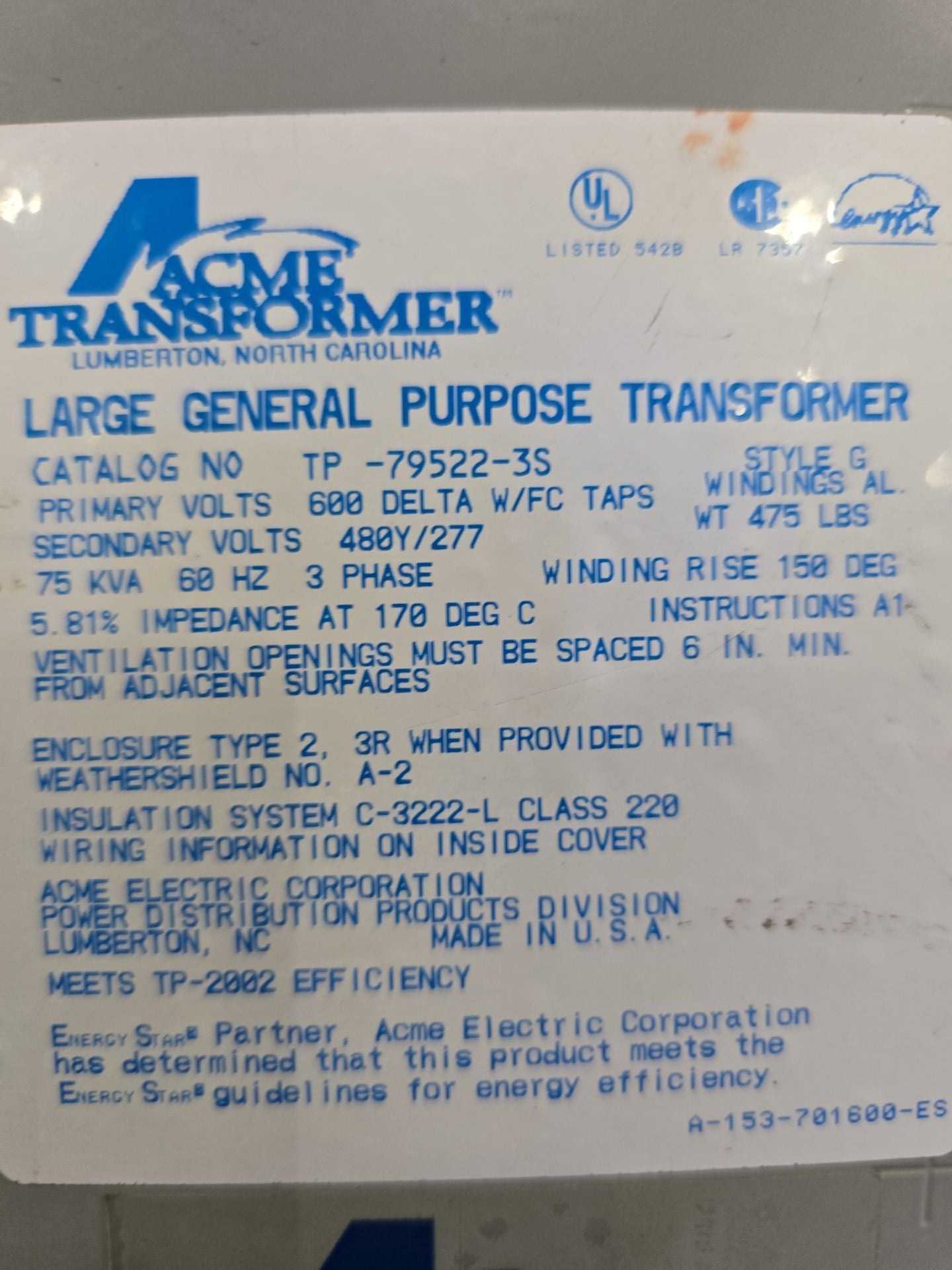 75kVA ACME TP-79522-3S Transformer Pri 600V Sec 480/277V 3PH Encl Type 2 Used