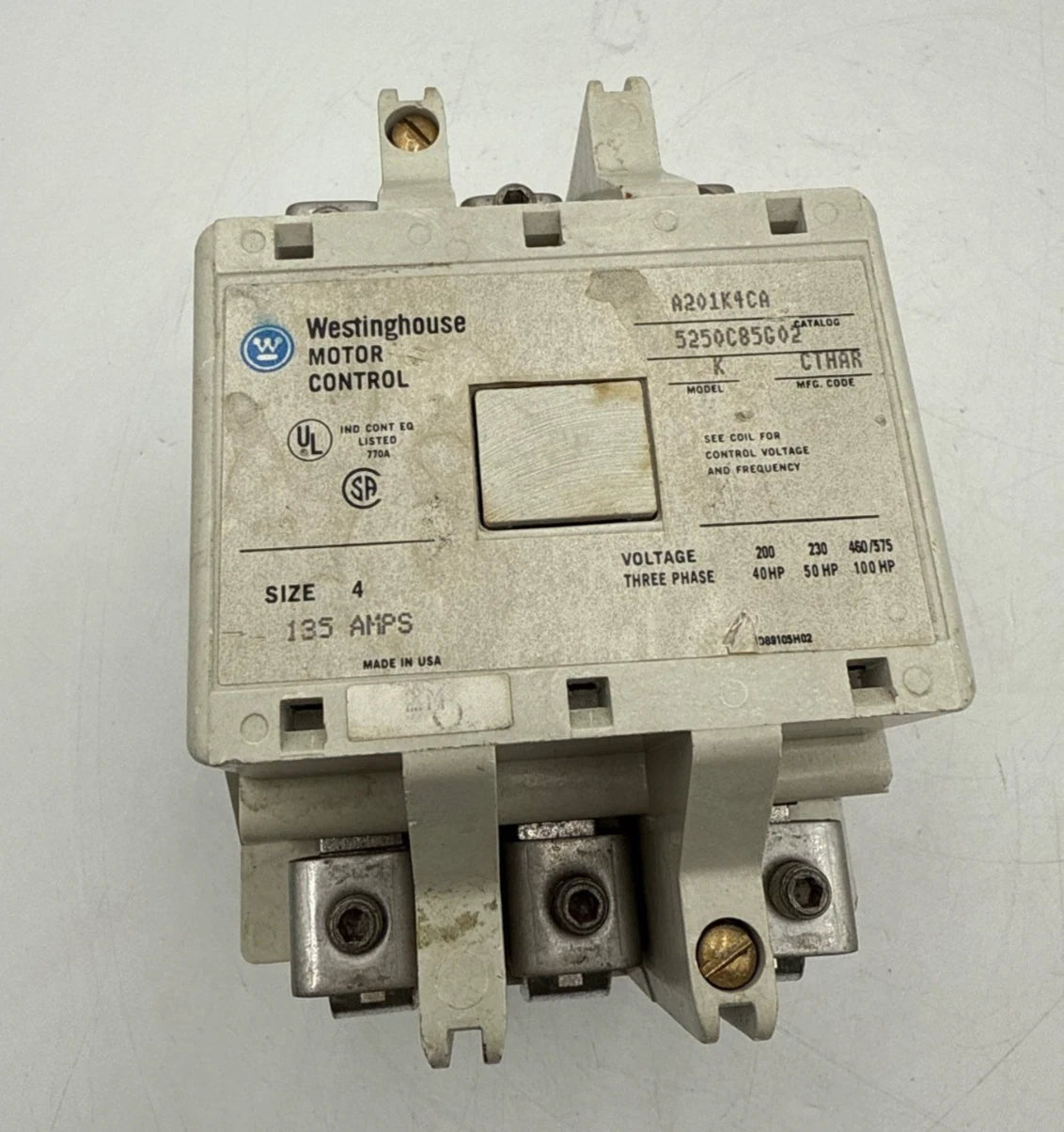 Westinghouse A201K4CA Contactor Size 4 135A 3P 600V 3PH 100HP Coil 110/120V Used