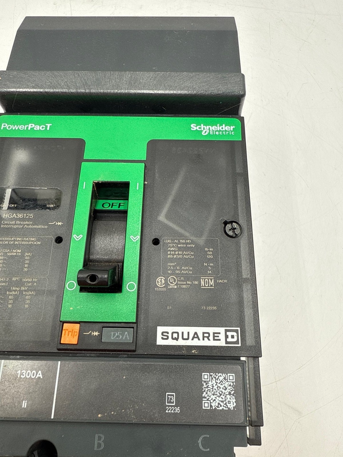 Square D HGA36125 I-Line Circuit Breaker 125A 3P 600V HGA PowerPact 125 Amp Used