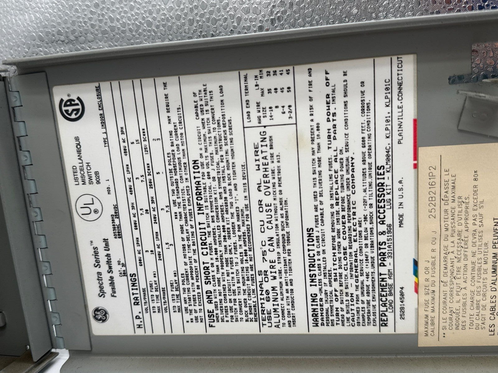 GE ADS36030HD Fusible Panelboard Switch 30A 3P 600V SPECTRA SERIES 30 Amp 3 Pole Used