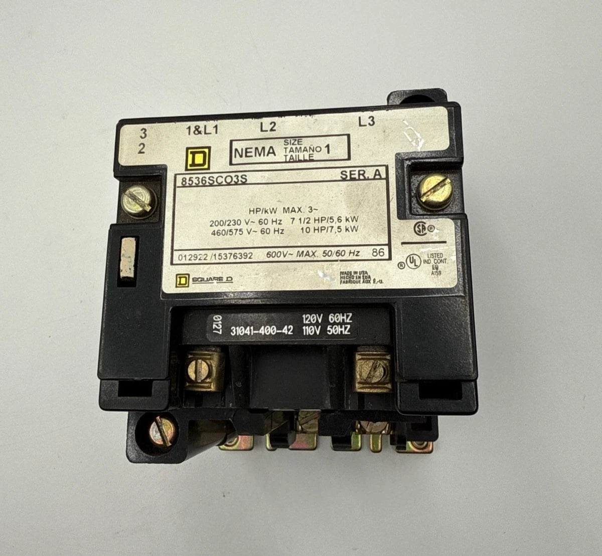 Square D 8536SCO3S NEMA Size 1 Contactor 3P 600V 3PH 10HP Coil 110/120V Ser A Used
