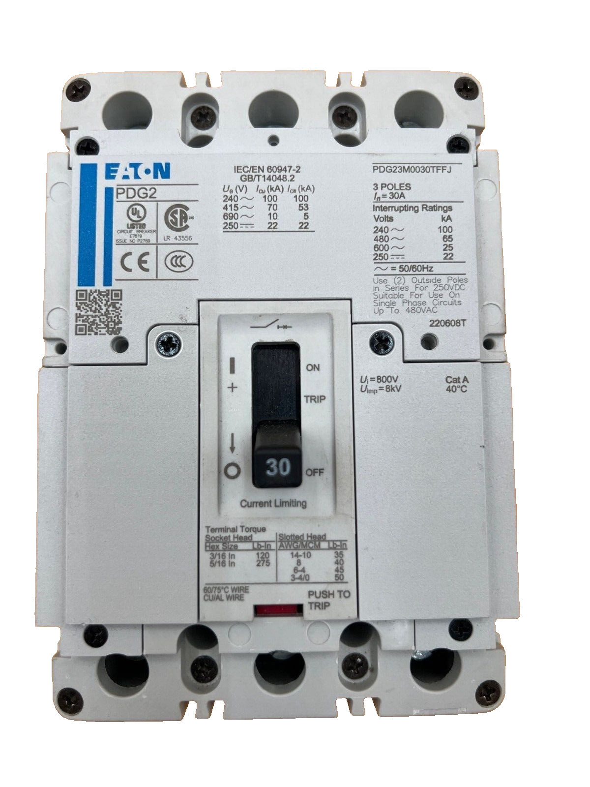 Cutler Hammer PDG23M0030TFFL Circuit Breaker 30A 600V 3P Bolt On 30 Amp 3 Pole