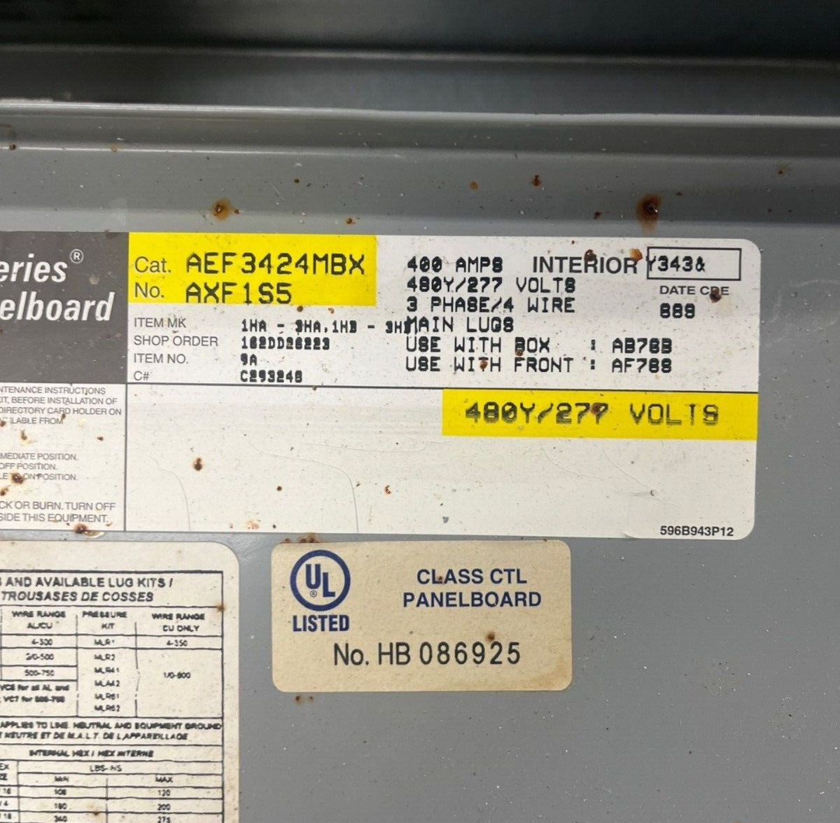 GE AEF3424MBX Panelboard 400A 480/277V 3PH 4W Indoor Encl 42Cir SFHA36AT0250 MLO P582 Used