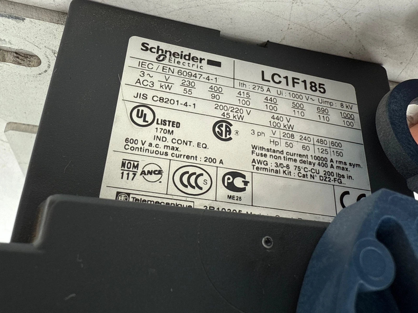 Schneider Elec LC1F185 Contactor 200A 3P 600V 150HP Coil 110-115V LC1-F185 Used