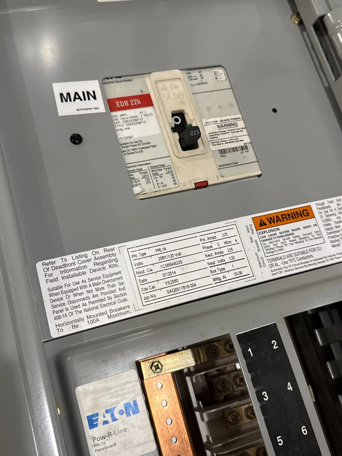 Eaton PRL1A Panelboard 225A 208/120V 3PH 4W MCB Panel 225 Amp 60Cir EDB3225BP10 Used